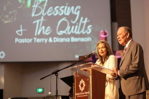 Vallejo Drive Interim Pastor Terry Benson and his wife, Diana, pictured just before the blessing of the quilts.