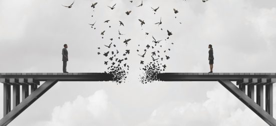 Divorce and separation as a couple on a broken fading bridge flying away as a divided relationship concept with 3D illustration elements.
