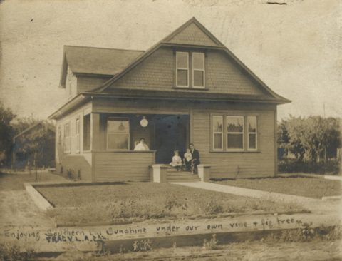 Postcard addressed to Mrs. Anna Richmond in Battle Creek. Written on the front: "Enjoying Southern Cal Sunshine under our own vine and fig tree. Los Angeles Cal. R.F.D. No 5. Come out in the sunshine. Will and Nellie."