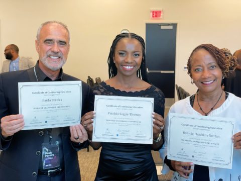 (From left to right) Paulo Pereira, 
Patricia Saggia-Thomas, and Bonnie Hawkins-Jordan proudly display their earned worship leadership certificates from the weekend.