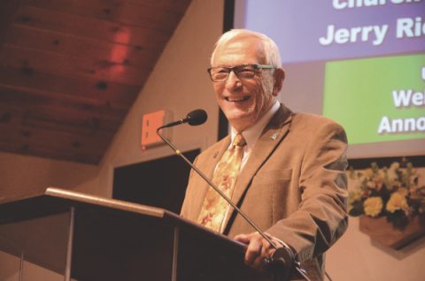 Longtime member Vern Fass welcomes members, former members, and previous pastors to the 50th anniversary celebration.