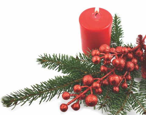 Red candle with twig. Christmas decoration photography. Red christmas decoration on a white background