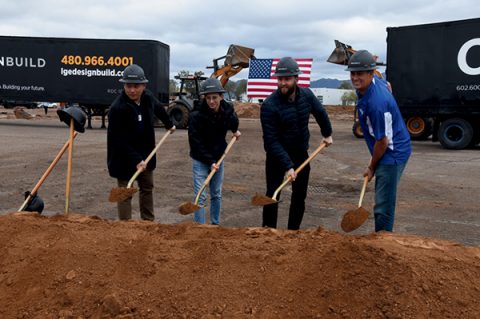 TAA Principal Michael Tomas (left), TAA Business Manager Mikey Stewart- Tapasco (second from left), Creation Equity Principal Developer Grant Kingdon (second from right), and TAA Maintenance Director Nathan Chipman-Bonden (right) participate in the groundbreaking ceremony.