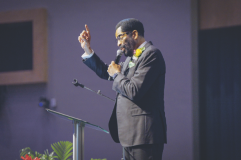 Ron C. Smith, Southern Union Conference president, shares a message about sacrificial faith during the divine worship.