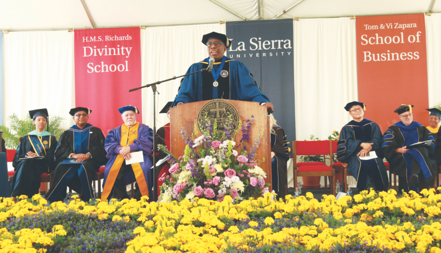 <p>Left to right, Gian Simmons, alumni relations director; John Thomas, dean, La Sierra University Zapara School of Business; John Brunt, university trustee; Bradford C. Newton, chair, Board of Trustees; Christon Arthur, La Sierra University president-elect; April Summitt, provost; Chang-ho Ji, school of education dean; Friedbert Ninow, 
H.M.S. Richards Divinity School dean; Marjorie Robinson, vice president of student life.</p><p>De izquierda a derecha, Gian Simmons, director de relaciones con exalumnos; John Thomas, decano de La Sierra University Zapara School of Business; John Brunt, fideicomisario de la universidad; Bradford C. Newton, presidente de la Junta de Fideicomisarios; Christon Arthur, presidente electo de La Sierra University; April Summitt, rectora; Chang-ho Ji, decano de la Facultad de Educación; Friedbert Ninow, decano de la Escuela de Divinidad H.M.S. Richards; Marjorie Robinson, vicepresidenta de vida estudiantil.</p>