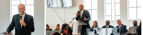 LEFT: Brad Newton, Pacific Union Conference president, congratulates the Salt Lake Central church on their 100th anniversary. RIGHT: Donal Mcleod, pastor of the Las Vegas New Life church, leads the congregation in prayer.