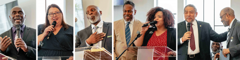 DE IZQUIERDA A DERECHA: Oneil Madden, pastor de la iglesia, da la bienvenida a los asistentes a la convocatoria anual. Karen Schneider, tesorera de NUC, comparte cómo la iglesia Salt Lake Central ayudó a su familia hace 40 años. Virgil Childs, vicepresidente del Ministerio de Negros de la Pacific Union Conference, anima a los miembros a seguir teniendo fe en Dios y seguir adelante. Chanda Nunes-Henry, secretaria ejecutiva de NUC, y su esposo, Keith Henry, saludan a la congregación. Earl Canson y Byron Dulan comparten la importancia de recordar la historia.