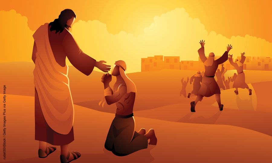 Biblical vector illustration series, Jesus heals ten lepers, only one returns to thank Jesus