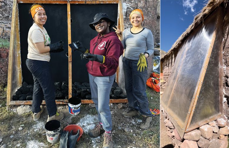 Tres jóvenes de SCC construyen un muro Trombe para una de las casas. Una pared Trombe recoge y almacena el calor del sol, y luego lo libera lentamente para mantener la casa caliente.