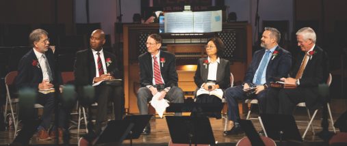 From left to right: Aivars Ozolins (present), Peter Baptiste (2017-2019), Jim Clifford (1980-1982), Maria Ovando Gibson (2014-2017), Ben Guerrero (2018-2022), and Ole Olesen (1991-2000). Ozolins moderates a panel with former Vallejo Drive church pastors for Sabbath School.