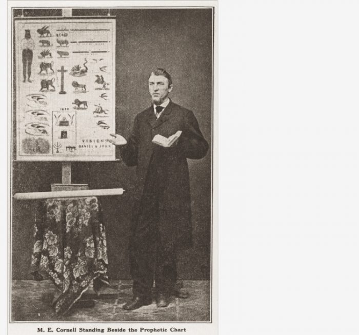 M E Cornell as youthful evangelist standing beside the prophetic chart