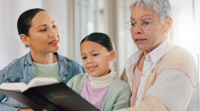 Grandmother, child and mom with bible in home for generations, worship and learning Christian religion. Family, women and girl with scripture in house for gospel, education or teaching of Holy Spirit