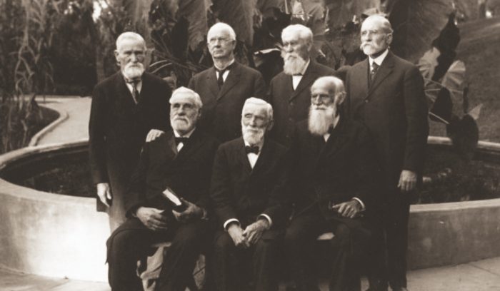 Ministers at Fall Council in Loma Linda, 1915. Seated, left to right: S.N. Haskell, J.N. Loughborough, George I. Butler. Standing: J.H. Rogers, J.O. Corliss, H.W. Decker, H.W. Cottrell. (Photo courtesy of Center for Adventist Research)