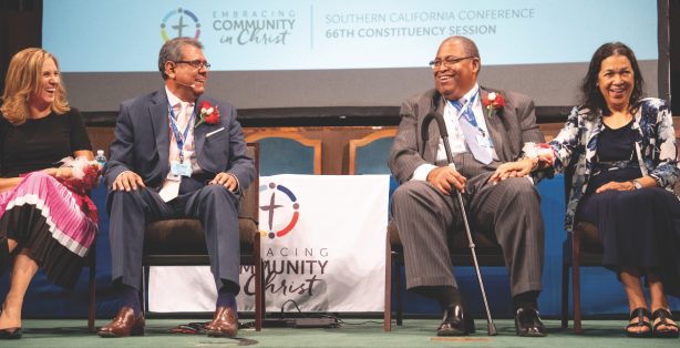 Velino A. Salazar (second from left) and Lee (second from right) are honored as retirees at the SCC 66th Constituency Session.<br />(Photo: Araya Moss)