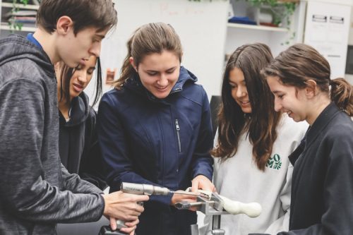 <p>Anatomy and Physiology students practice using a bone drill.</p><p>Los estudiantes de anatomía y fisiología practican con un taladro para hueso.</p>
