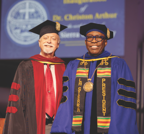 Dr. Bradford C. Newton, chair of the La Sierra University Board of Trustees, left, pauses for a photo with Dr. Christon Arthur, president of La Sierra University, following Arthur’s receipt of the presidential medallion.