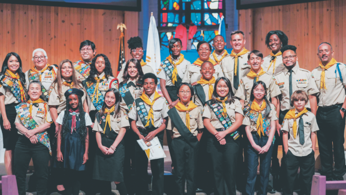 A group photo of the Pathfinders, leaders, conference representatives, and the Sin City Saints, marking the close of another memorable Pathfinder year.