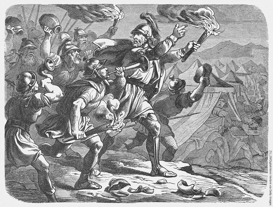 Gideon invades the camp of Midian. Wood engraving after a drawing by Julius Schnorr von Carolsfeld (German painter, 1794 - 1872), published in 1877.