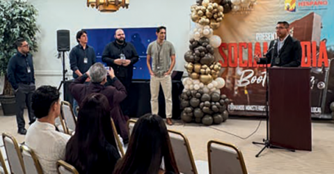 Cesar Sanchez (right) introduces the professional communicators and content creators leading the breakout sessions.