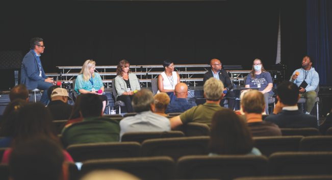Danny Chan leads educators and pastors in a panel discussion. From left to right: Chan; Angel Nair, SCC associate superintendent; Celeste Harrison, Alhambra church pastor; Carol Todd, Los Angeles Adventist Academy principal; Robert Cabrera, Lancaster Spanish church pastor; Michele Cortner, Antelope Valley Adventist School principal and 5th- through 8th-grade teacher; and Ron Sydney, The Place Adventist Fellowship church pastor.  (Photos: Araya Moss)