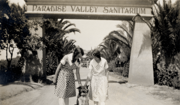 From left: Ruth and Esther Sanders. The original sanitarium is visible between the girl's heads. The old Paradise Valley Seventh-day Adventist church is barely visible above and to the right of Esther's head. Paradise Valley Sanitarium and Hospital, about 1934. Caption credit: Gerry Chudleigh
