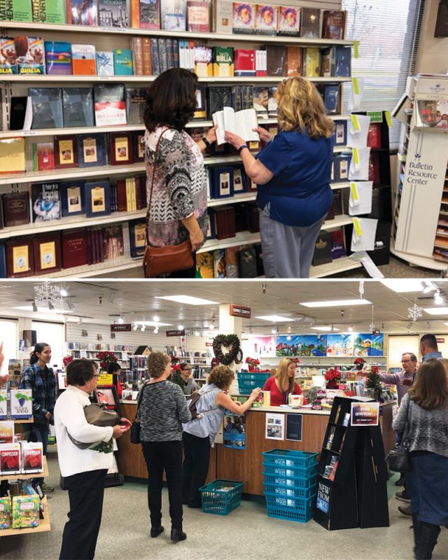TOP: A customer looks over the selection of spiritual materials with the help of an ABC assistant. BOTTOM: The Clovis ABC actively helps people find materials for their spiritual growth.