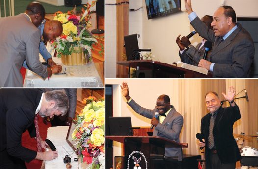 CLOCKWISE FROM TOP LEFT: Pastor Joel Mpabmaniwana and church treasurer Christian Rwamukwaya add names to the official church membership list. Executive Secretary Jorge A. Ramirez confirms church members’ commitment to the tenants of the Adventist faith. Pastors Joel Mpabmaniwana and Gary Venden greet both members present and viewers online at the start of consecration service. President Ed Keyes signs the official Certificate of Church Organization on February 5, 2022.