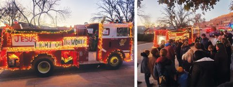 LEFT: The missionary fire truck was Moab church’s entry in the Moab 2021 Christmas Electric Light Parade. RIGHT: Pastor Nathan James prays with members from the Moab and Castle Valley churches, as well as DayStar Adventist Academy students, in preparation for their gospel outreach to the community of Moab.