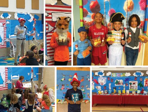 TOP LEFT: Fernando Lista, NUC education superintendent, read A Bargain for Frances. TOP MIDDLE: Kian Lista dressed as Pax, from the book by the same name. TOP RIGHT: Enjoying the Seuss-themed snack created by Denice Abston and Taryn Goulard are Samiu Finau, Welshdon Lolo, Cori Finau, and Ngie Finau. BOTTOM LEFT: Riverview Christian Academy school board chair, Ginger Waring, reads Tacky the Penguin to the attentive listeners. BOTTOM MIDDLE: Damon Washington, former Riverview church associate pastor, returned from his new post in the Northern California Conference to again share his love of reading with the students. BOTTOM RIGHT: Art displays inspired by the stories read and heard by the Riverview students.