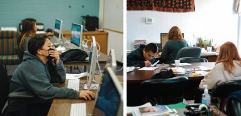 LEFT: Mr. Cadavid helps students set and execute goals. One example of a student goal is finding self-motivation for class assignments. RIGHT: Two junior high students work in the development office. One idea being considered for the MAPS for Life program is a practical financial program that involves work-eligible students saving their earnings in an account toward a specific need while attending school. This would help them better experience how to manage finances. Saving toward things they will need in the future, like transportation, can prepare them for life after high school or, at the very least, have them thinking about it.