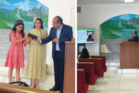 LEFT: Two young ladies in Douglas, Arizona, made their public commitment to God and got baptized on March 26. RIGHT: Pastor Moises Espinoza Almaza presents a message in the small community of Douglas, Arizona.