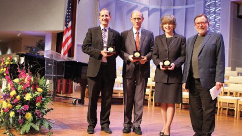 Weniger Society awardees, left to right, Lyndon Johnston Taylor,  Gilbert Valentine, and Kendra Haloviak Valentine; Weniger Society executive committee member and La Sierra University president emeritus Larry Geraty. 