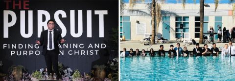 LEFT: Sasil presents at The Pursuit evangelistic series. RIGHT: Pastors stand with baptismal candidates.