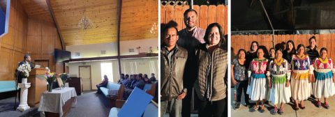 TOP LEFT: David Orozco, church elder at the Taft church, welcomed and thanked the leadership of the Taft San Pablo Tijaltepec Federation on March 19, 2022. MIDDLE: Valentin Silva (left), president of the Taft San Pablo Tijaltepec Federation; Daniel Rodela (center), church elder and PARL-West board member; and Linda Carrasco (right), from the Mexican Consul of Documentation. RIGHT: Linda Carrasco (far left in back) from the Mexican Consul of Documentation and the Tijaltepec women leadership at the Taft church’s outreach to farmworkers.