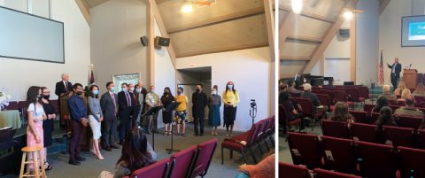 LEFT: The student missionaries from SOULS West are dedicated in prayer at the start of their practicum at Ojai church. RIGHT: Baca presents on the first night of the Revelation of Healing seminar.