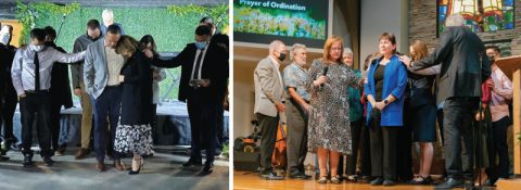 LEFT: Valenzuela is ordained at the LSA outdoor evening service. RIGHT: Pastors lay hands on Leno during the prayer of ordination.