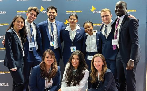La Sierra University Enactus and mentors (left to right, front to back) Lovelyn Razzouk, Natasha Thomas, Megan Eisele, Cathlyn Sumampouw, Aaron Desjardins, Chris Bauman, Abigail Ramos, Sophia Adeogun, Kenton Brandmeyer, Samuel Nikuze.