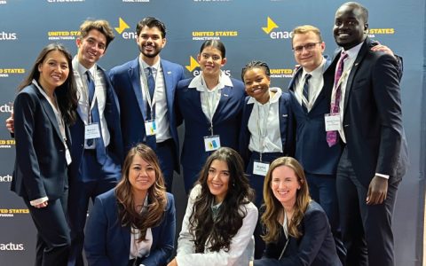 La Sierra University Enactus and mentors (left to right, front to back) Lovelyn Razzouk, Natasha Thomas, Megan Eisele, Cathlyn Sumampouw, Aaron Desjardins, Chris Bauman, Abigail Ramos, Sophia Adeogun, Kenton Brandmeyer, Samuel Nikuze. 