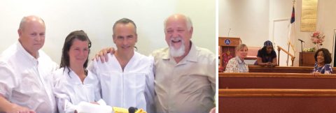 LEFT: Crumpacker, Ash, Satiya, and Munson participate in joyous baptism. RIGHT: Founders of the prayer group assemble to pray. Left to right, Dolly Moen, Dee Lee, Doreen Henry.