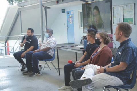 From left to right: presenters Emmanuel Olguín, Jesus Noland, Lauren Lacson, Jon de la Paz, Michelle Noland, and Tim Cress answer questions during a panel discussion.