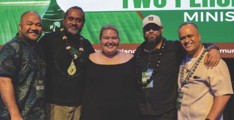 The Two Percent board of directors gathers at the conference. Left to right: Abishai Aiolupotea, Meshach Soli, Elizabeth Adams, Rome Ulia, and Nemaia Faletogo.