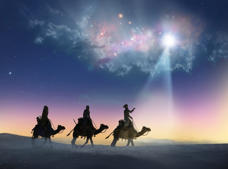 Christian Christmas scene with the three wise men and shining star, 3d 
render