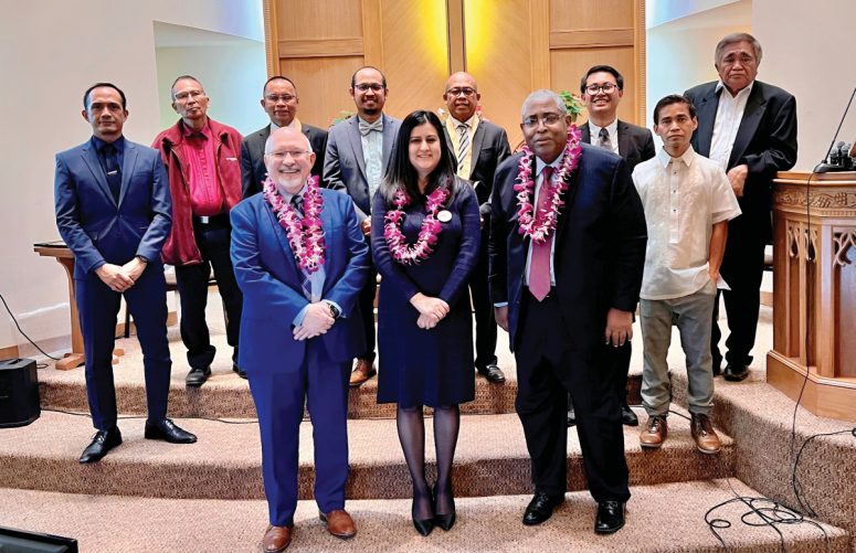 Some of the Light Above church leaders gather for a photo with SCC administrators. (Left to right, back row) Luther Bonagua, elder; Felipe Preciado, member; Pastor Wilson Catolico, member; Ralph June Alabat, elder; Rodrigo Alabat, senior pastor; Bob Cañete, children’s ministry leader; Ricardo Gabriza, men’s ministry leader; and Ely Cayetona, member. (Left to right, front row) John H. Cress, SCC executive secretary; Kathleen Diaz, SCC treasurer/CFO; and James G. Lee, SCC vice president.