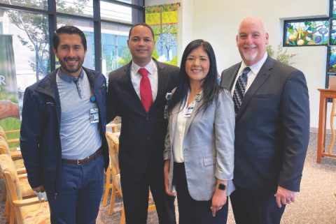 AHWM staff attending the dedication ceremony included, from left, Simulation Center Coordinator Nestor Mondragon; CPE Supervisor and AHWM Senior Chaplain Roberto Vizcaino; Senior Administrative Assistant Karla Chicas; and Bioethicist Michael Jordan.