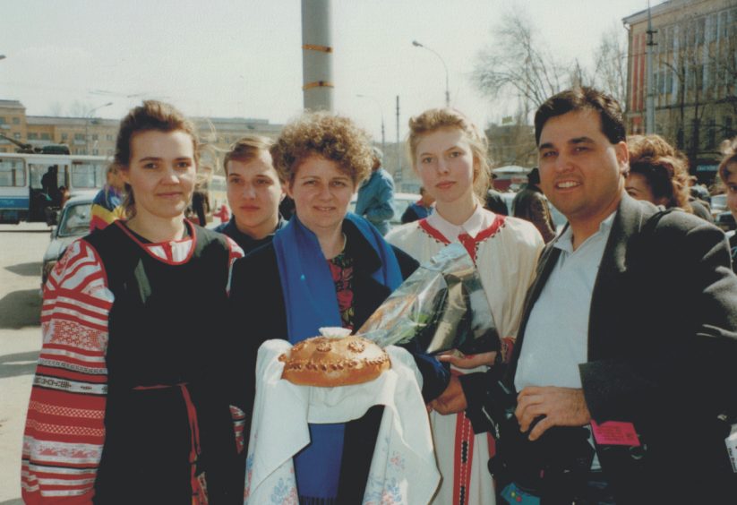 (From left to right) Sveta Gavelo, Jan, Olga, Phil. Phil and Jan’s first meeting with Lena (not pictured) and Olga in Saratov, Russia, in April 1993. Gavelo served as the group’s translator. 
