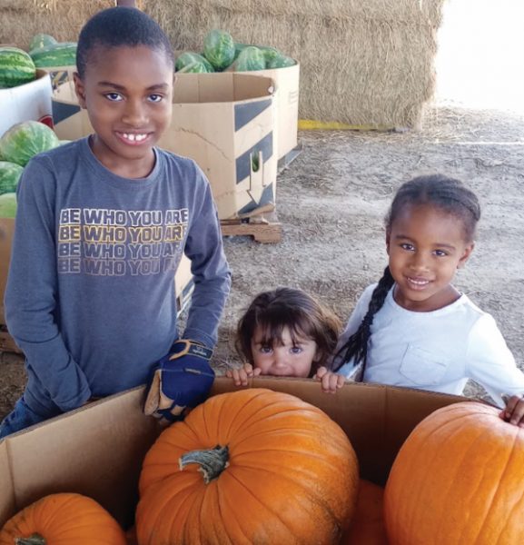Young harvesters are learning the gift of service at an early age and are excited to share freshly picked pumpkins.