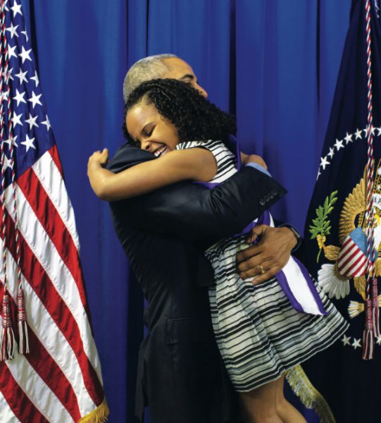 President Barack Obama hugs Mari Copeny, 8, backstage at Northwestern High School in Flint, Mich., May 4, 2016. Mari wrote a letter to the President about the Flint water crisis.
(Official White House Photo by Pete Souza)

