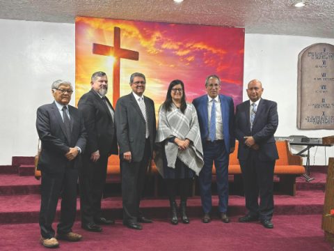 Pastors of the church through the years join Diaz for a photo: (left to right) Carlos Ramirez, Garcia, Salazar, Diaz, Sam Del Pozo, and Javier Caceres.