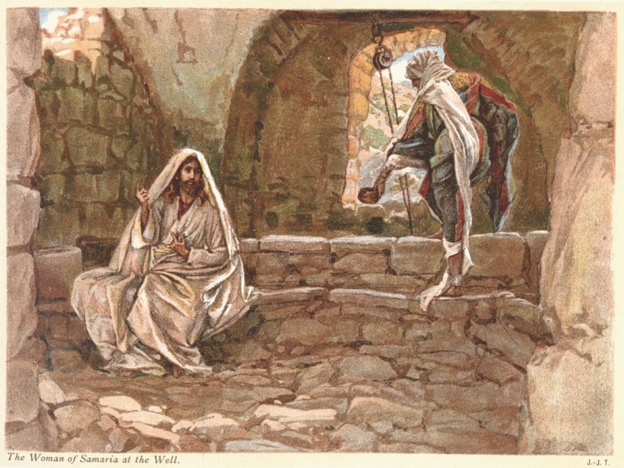 Vintage engraving of Jesus and Woman of Samaria at the Well. The Samaritan woman at the well is a figure from the Gospel of John, in John 4:4–26
