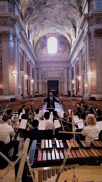 Rehearsal with the La Sierra University Wind Ensemble in Rome in 2017. (Photo courtesy of Giovanni Santos)